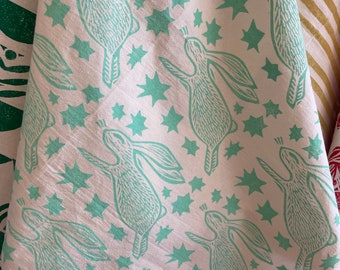 Mint Bunnies - Block Printed Tea Towel