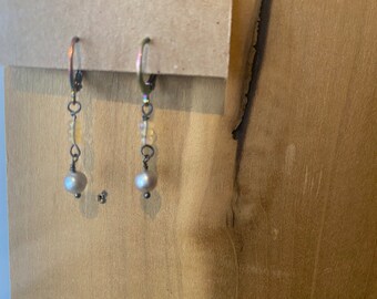 Simple dangly grey pearl and opal earrings - surgical stainless steel closing hoops