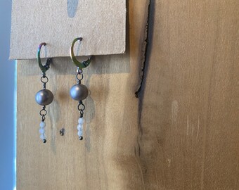 Simple dangly grey pearl and moonstone earrings - surgical stainless steel closing hoops