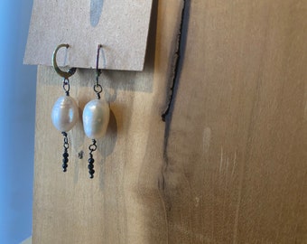 Simple dangly freshwater pearl and onyx earrings - surgical stainless steel closing hoops