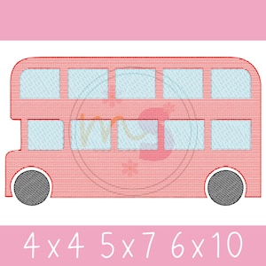 May include: Red double-decker bus with black wheels and windows. The bus is 4x4, 5x7, and 6x10 inches.