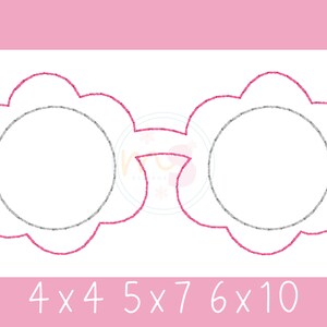 May include: A pink and gray embroidery design of a pair of flower-shaped sunglasses. The design includes the text "4x4 5x7 6x10".