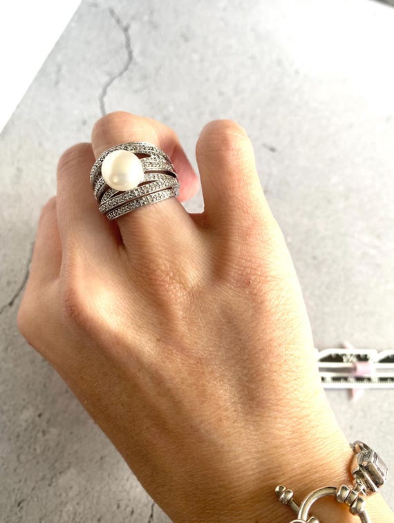 Pearl Multiband Pave  Statement Ring  Estate Jewe… - image 2