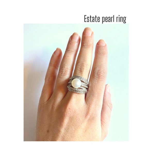 Pearl Multiband Pave  Statement Ring  Estate Jewe… - image 1