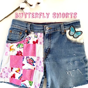 Upcycled Butterfly Beach Shorts, Blue Levi’s , Size W 6 Vacation 90s Jean Shorts Style Womens Teens Birthday Gift