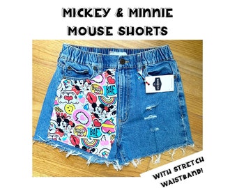 Disney Summer Jean Shorts Mickey and Minnie Mouse with Rainbows Hot Pink Stretchy Waistband Size Small Ready to ship