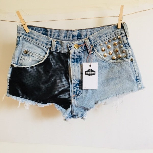 Jean Shorts Leather Fabricated Jean Combo with silver studs and flat head spikes. Pale vintage denim. High rise short shorts. Tiny.