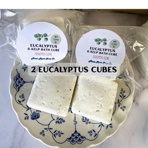 May include: Two square eucalyptus and kelp bath cubes on a decorative plate. The cubes are light in color with dark specks. The plate has a blue and white floral design. The packaging includes a round label with text that reads "Eucalyptus & Kelp Bath Cube".