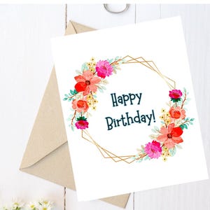 Digital Download Birthday Greeting Card with a Floral Wreath Instant Printable Card PDF  Great for Mom Friends Sister Aunt Print Easy
