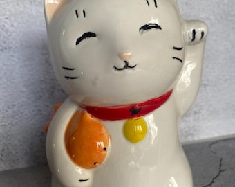 ヴィンテージ日本の招き猫 - 粘土、1980年、昭和時代 (SKU: 25S-793-4