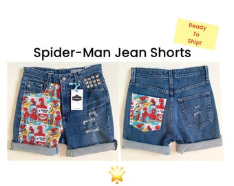 Womens Spiderman Studded Shorts Size 2/4 Ready to Ship High waisted Rolled or frayed Ships daily