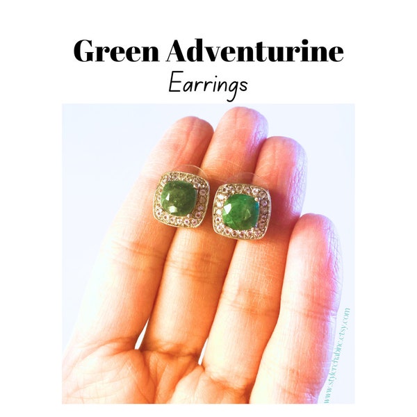 Estate Green Adventurine Halo Earrings with CZ accents made of Silver Studded with post and backings Perfect Gift Birthday Mothers Day