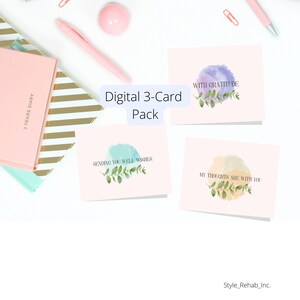 Descarga digital en archivo PNG y PDF de 3 paquetes de tarjetas. Incluye simpatía, buenos deseos, gratitud, diseño de acuarela, tarjeta instantánea, simplemente impresión