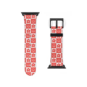 Red Cubes with Happy Face Watch Band - Trendy Accessories Gift for Her, Floral Patterns, Stylish Tech, 2 sizes and 4 hardware colors