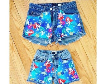 Little Mermaid Jean shorts Kids Adults Made 4 U Blue Pink Teal White New Fabrics Just in  Disney Vacation Outfit Choose Size in Menu