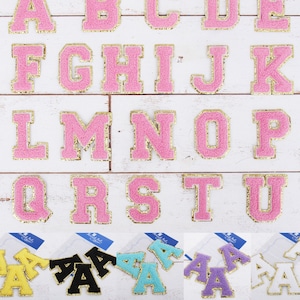 26 Letter Set of Chenille Letters Iron On Patches - Full Alphabet -Six Color Options - Two Size Options - Chenille Varsity With Gold Glitter