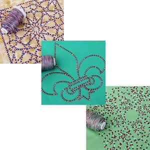 May include: Three images of embroidery designs using colorful thread. The first image shows a circular design with red, white, and blue thread on a beige background. The second image shows a fleur-de-lis design with yellow, blue, and red thread on a teal background. The third image shows a circular design with red, white, and green thread on a green background.