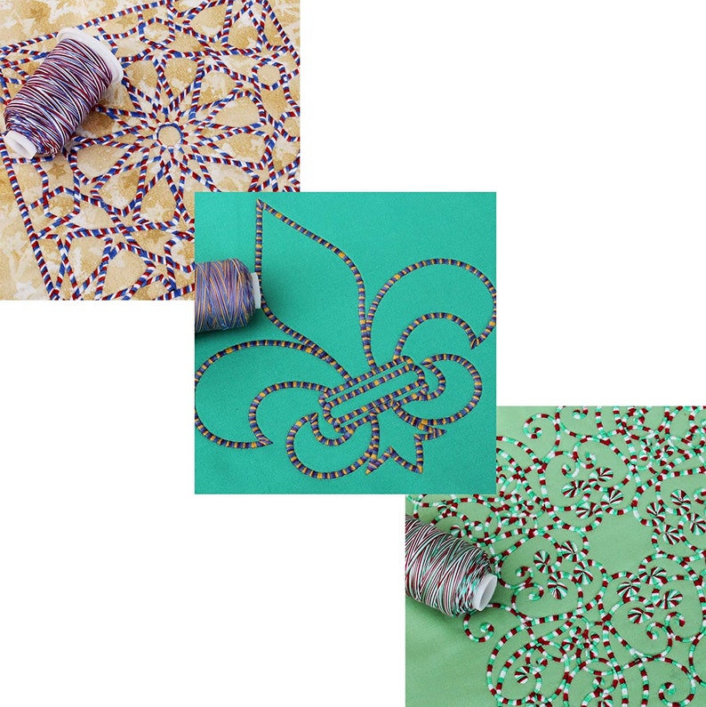 May include: Three images of embroidery designs using colorful thread. The first image shows a circular design with red, white, and blue thread on a beige background. The second image shows a fleur-de-lis design with yellow, blue, and red thread on a teal background. The third image shows a circular design with red, white, and green thread on a green background.