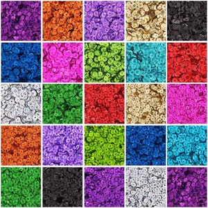 May include: A collection of 36 small, round, iridescent sequins in various colors, including silver, gold, red, green, blue, purple, pink, black, and orange. The sequins are arranged in a grid pattern.