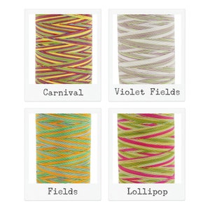 May include: Four spools of colorful embroidery floss, each with a different color combination. The spools are labeled "Carnival", "Violet Fields", "Fields", and "Lollipop".