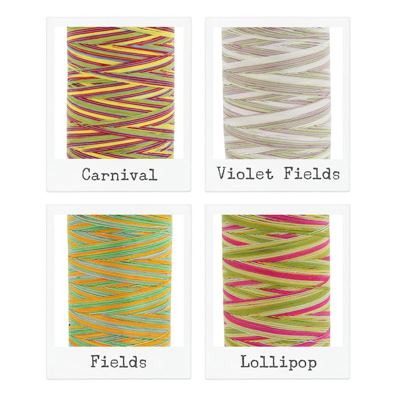 May include: Four spools of colorful embroidery floss, each with a different color combination. The spools are labeled "Carnival", "Violet Fields", "Fields", and "Lollipop".
