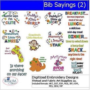 Machine Embroidery Design Set - Bib Sayings(2) - 15 Designs - 9 Formats - Threadart