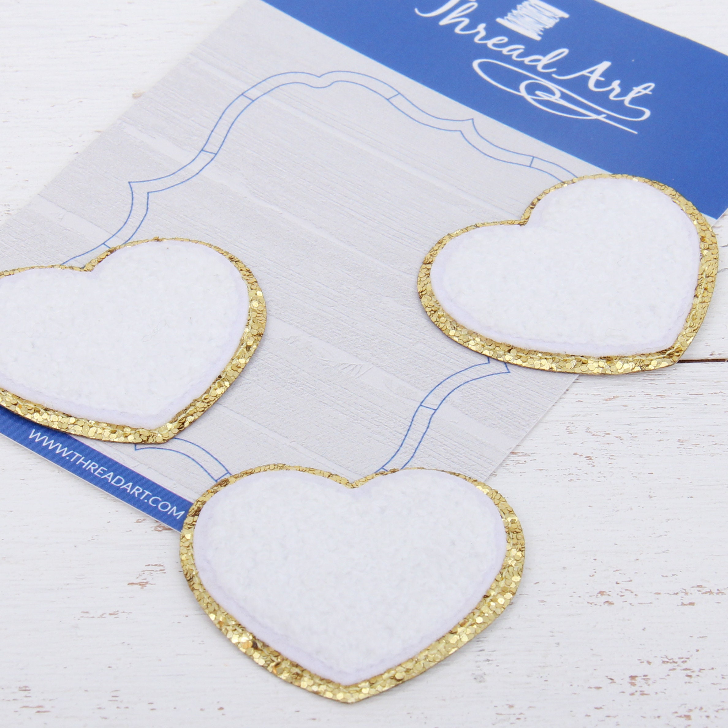 Iron On Heart Patches - Set of 3 Hearts Chenille with Gold Glitter - Six  Different ColorsBlue