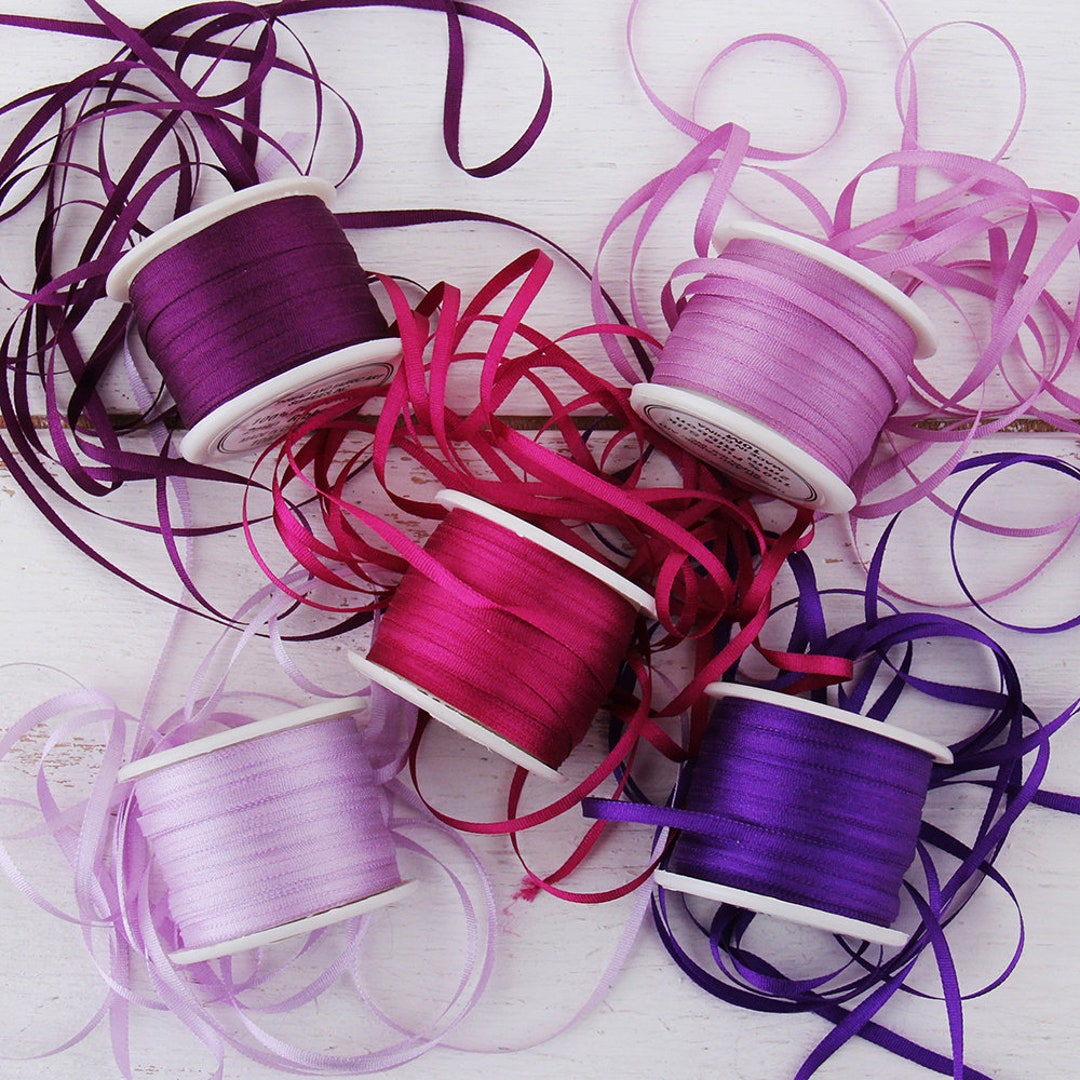 2mm Silk Ribbon Set Purple Shades Five Spool Collection 100 Pure Silk