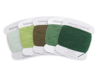 Green Sashiko Thread Set, 5 Shades of Green, 100% Cotton Size 20/6, Made in Japan, 200 Meters, Botanical Japanese Embroidery Thread