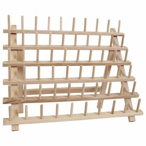 May include: A wooden thread rack with 48 pegs for holding spools of thread. The rack is made of natural wood and has a triangular shape.