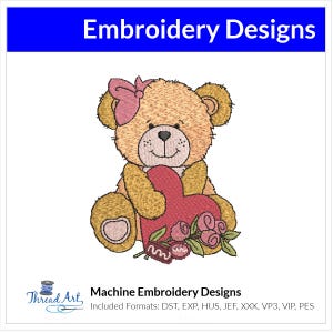 May include: Machine embroidery design of a brown teddy bear holding a red heart with pink roses. The design is available in multiple formats, including DST, EXP, HUS, JEF, XXX, VP3, VIP, and PES.
