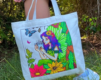 Color Your Own Tote Bag - Tea Fairy Design - Fabric Markers Option
