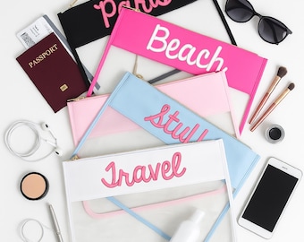 Gepersonaliseerde tas met ritssluiting - naam/woorden aangepast met borduursel - doorzichtige make-uptasje, cadeau voor moeder, bruidsmeisjes, tieners