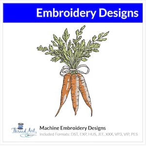 May include: Machine embroidery design of three orange carrots with green leafy tops tied together with a white ribbon.  Included formats: DST, EXP, HUS, JEF, XXX, VP3, VIP, PES.