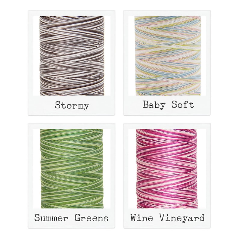 May include: Four spools of embroidery floss, each with a different color pattern. The colors are: stormy, baby soft, summer greens, and wine vineyard.