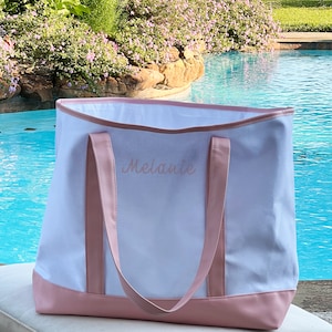 Personalized Canvas and Leather Tote Bag  - Custom Tote Bag - Embroidered With Name or Words
