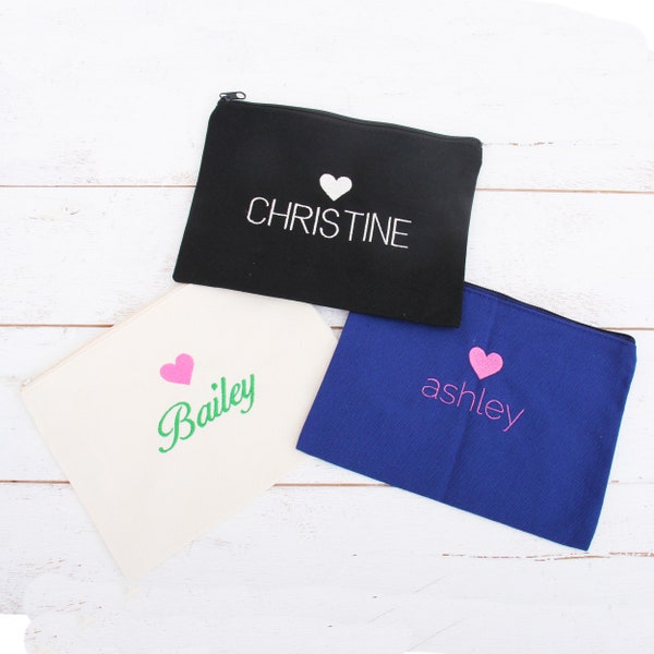 Custom Make Up Bag -Embroidery Name & Heart - Make Up Bag for Her - Make Up Bag with Name - Birthday Gift Ideas - Bridesmaid Cosmetic Bag