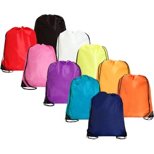 May include: A set of ten drawstring bags in various colors, including red, pink, purple, blue, yellow, orange, white, and black. The bags are made of a lightweight, durable fabric and have a simple design.