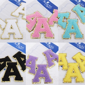 2.25 In. Chenille Letters Iron On Patches - 3 Letter Packs -Six Color Options - Small 5.5 CM (2.25 in) - Varsity Letters With Gold Glitter