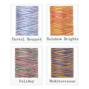 May include: Four spools of embroidery floss, each with a different color pattern. The spools are labeled "Pastel Bouquet", "Rainbow Brights", "Holiday", and "Mediterranean".