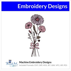 May include: Machine embroidery design featuring a bouquet of pink flowers with a pink bow. The design includes a large daisy and two smaller flowers. The design is available in multiple formats, including DST, EXP, HUS, JEF, XXX, VP3, VIP, and PES.