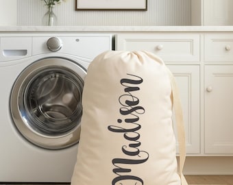 Bolsa de lavandería personalizada, bolsa de lona grande y espaciosa con cordón ajustable, 100 % lona de algodón resistente con correa - Para graduación, universidad, campamento y más