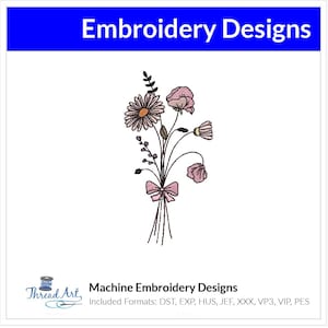 May include: Machine embroidery design featuring a bouquet of pink and yellow flowers with a pink bow. The design is available in multiple formats, including DST, EXP, HUS, JEF, XXX, VP3, VIP, and PES.