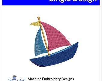 Puede incluir: Un diseño de bordado a máquina de un velero con un casco azul, una vela rosa y un mástil amarillo. El diseño está disponible en varios formatos, incluidos DST, EXP, HUS, JEF, XXX, VP3, VIP y PES.