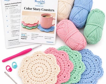 Crochet Coaster Kit, Scalloped Cotton Coasters DIY Kit with Yarn, Hook and Pattern, Easy Crochet Kit, Pastel or Bright Colors