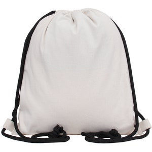 May include: A plain white drawstring bag with black drawstrings. The bag is made of a soft, natural fabric.