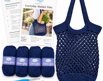 Crochet Market Bag Kit, Mesh Tote Bag Crochet Kit with 100% Cotton Yarn, Hook and Pattern, DIY Grocery Produce Bag, Burgundy Navy Black