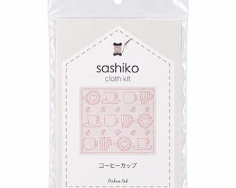 Sashiko Cloth Kit, Coffee Cup Pattern, Pre-Printed Japanese Embroidery Kit with Sashiko Thread, Needle and Instructions, Beginner Sashiko