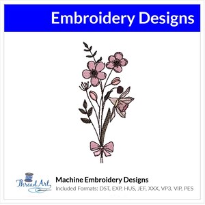 May include: Machine embroidery design featuring a bouquet of pink flowers with a bow. The design includes a variety of flowers, including daffodils and cherry blossoms. The design is perfect for adding a touch of spring to any project.