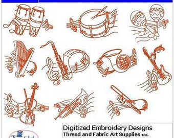 Machineborduurontwerpset - Muziekinstrumenten - 10 ontwerpen - 9 formaten - Threadart
